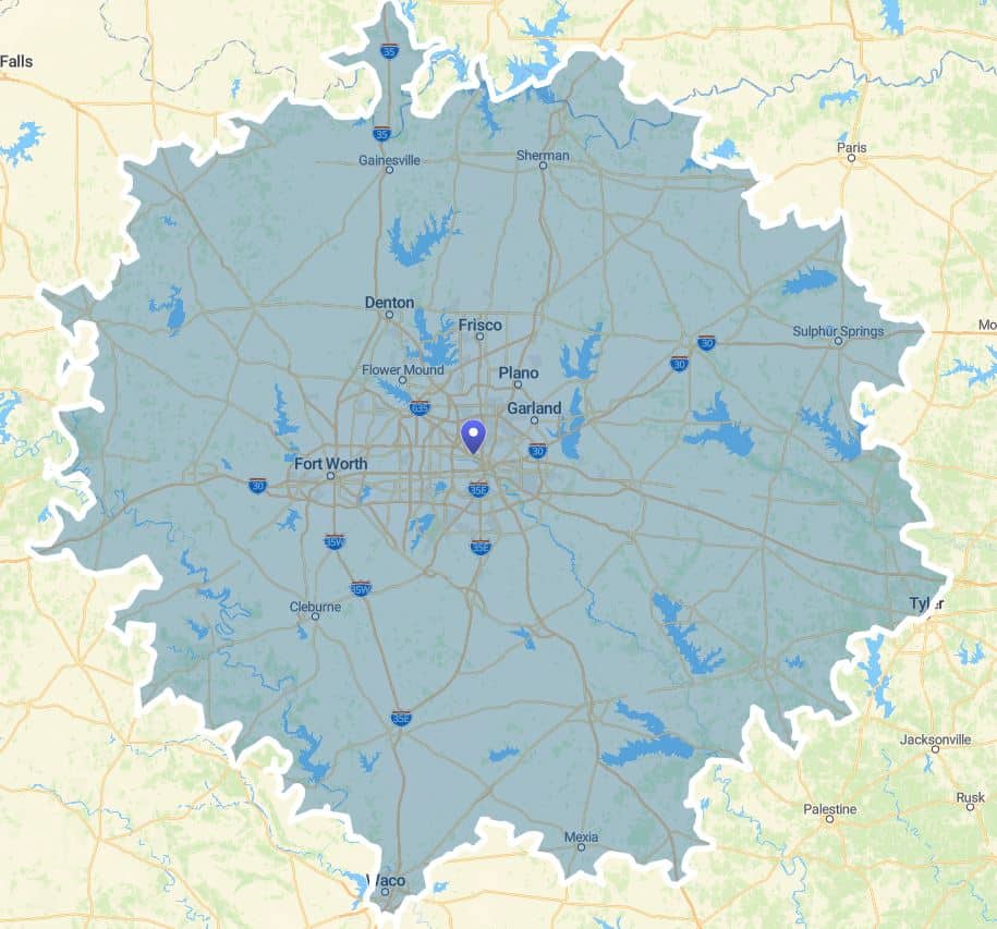 Dallas map by isochrone