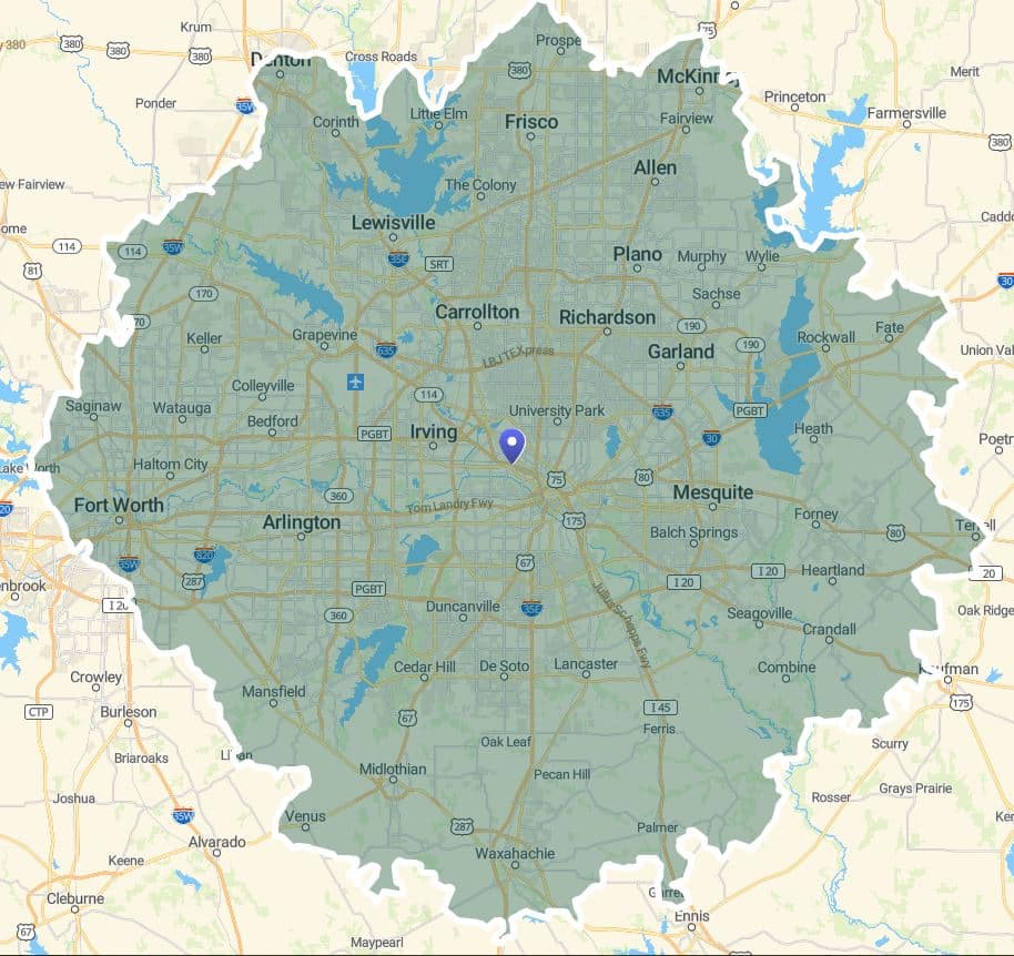Dallas map by distance 60 miles