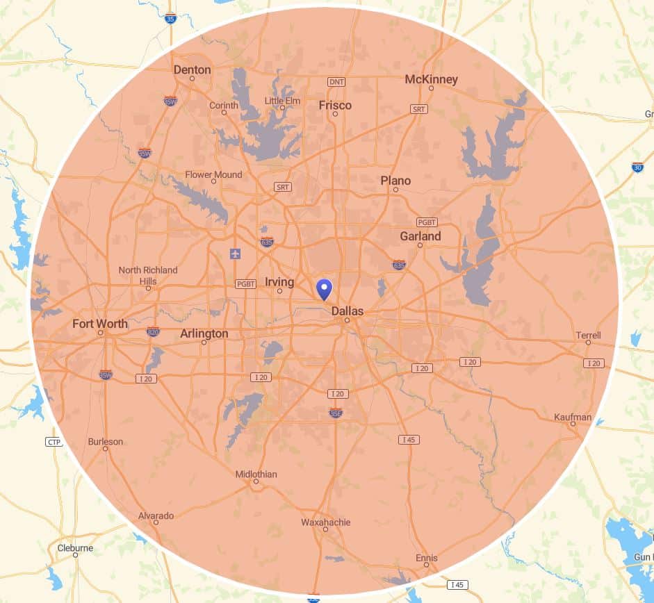 Dallas map by radius - as the crow flies