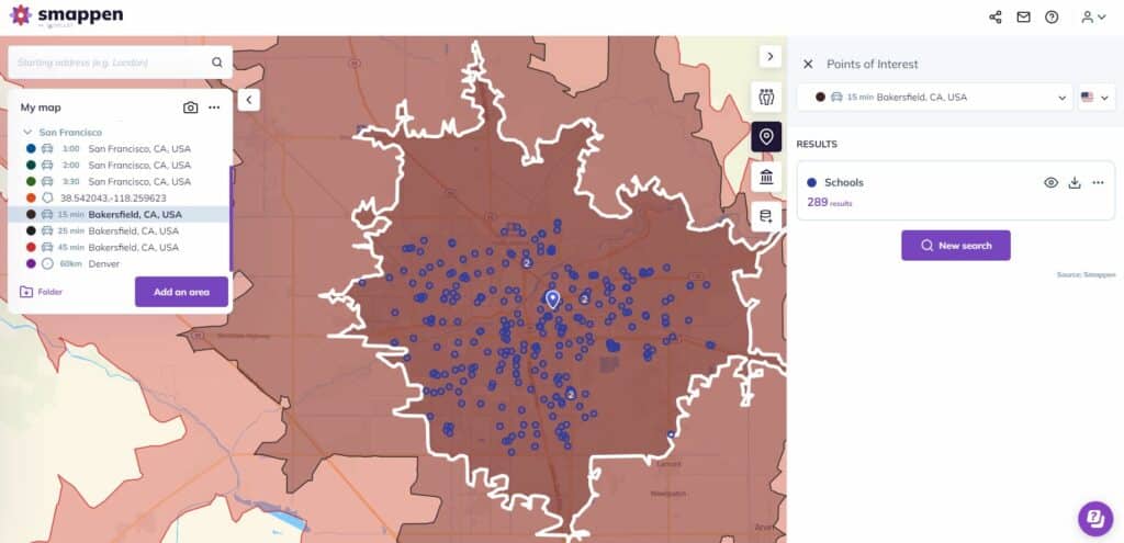 Making maps and draw areas with Smappen - spotting schools on the area