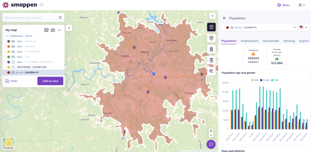 demographic data on Smappen on areas
