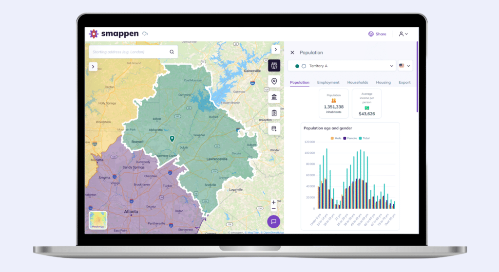 Sales territories and market demographics on Smappen