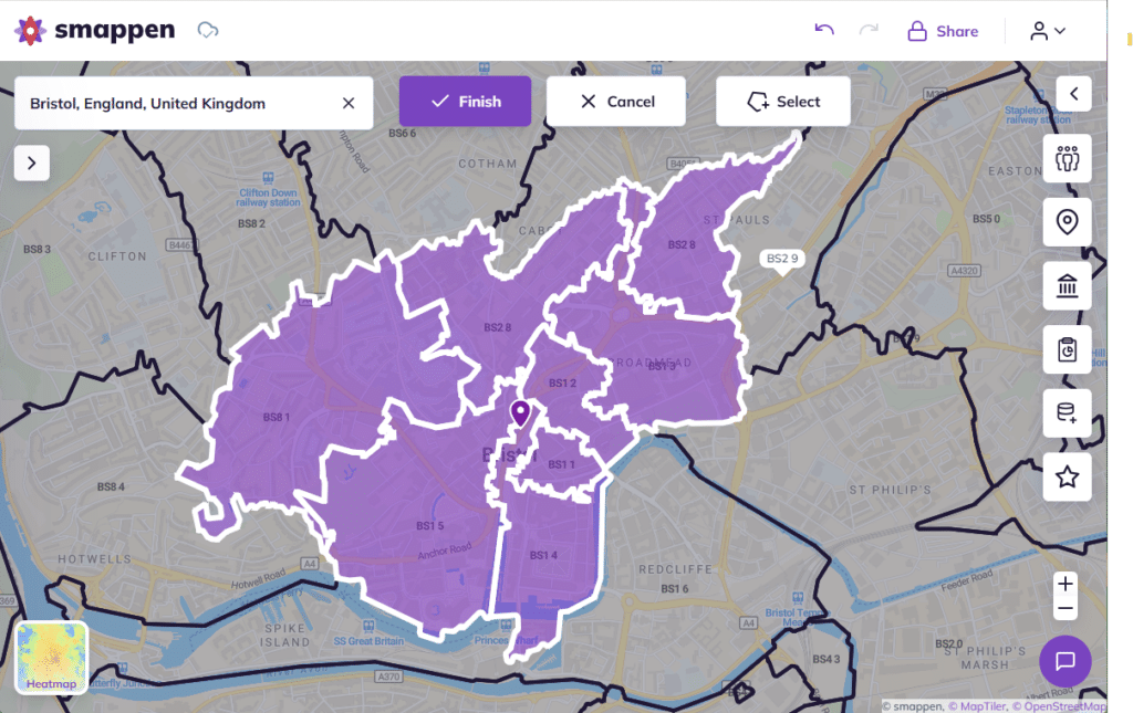 Bristol UK postcodes map on Smappen app