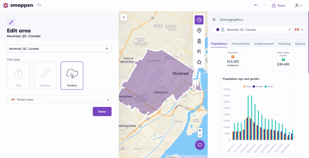Montreal Canada franchise territory and demographics on smappen