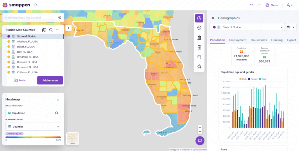 Florida map with demographic data on Smappen by state and counties