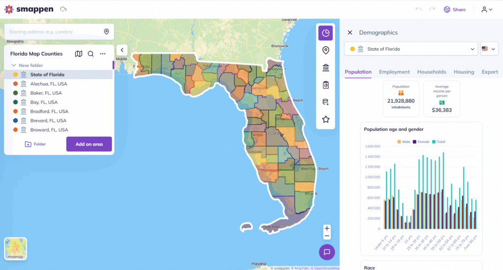 Florida map with demographic data on Smappen by state and counties
