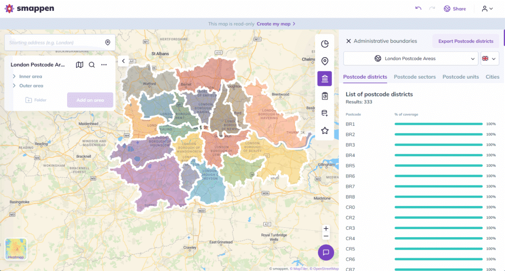 London postcode map with administrative boundaries and different postcode lists to export on Smappen
