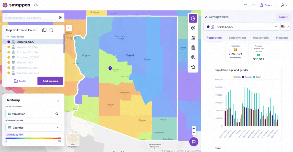 Map of Arizona Counties on Smappen with population data and density