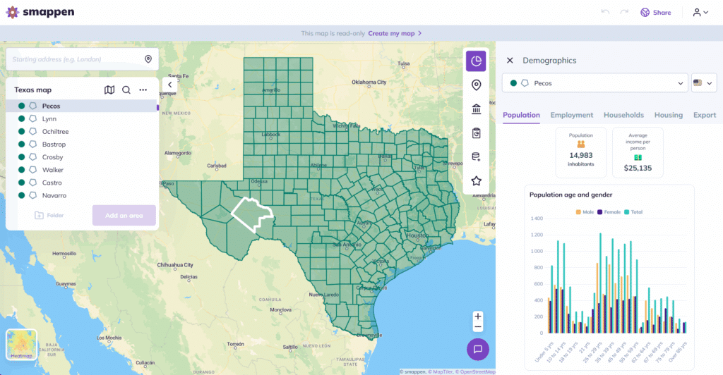 Map of Texas counties and demographics on Smappen app