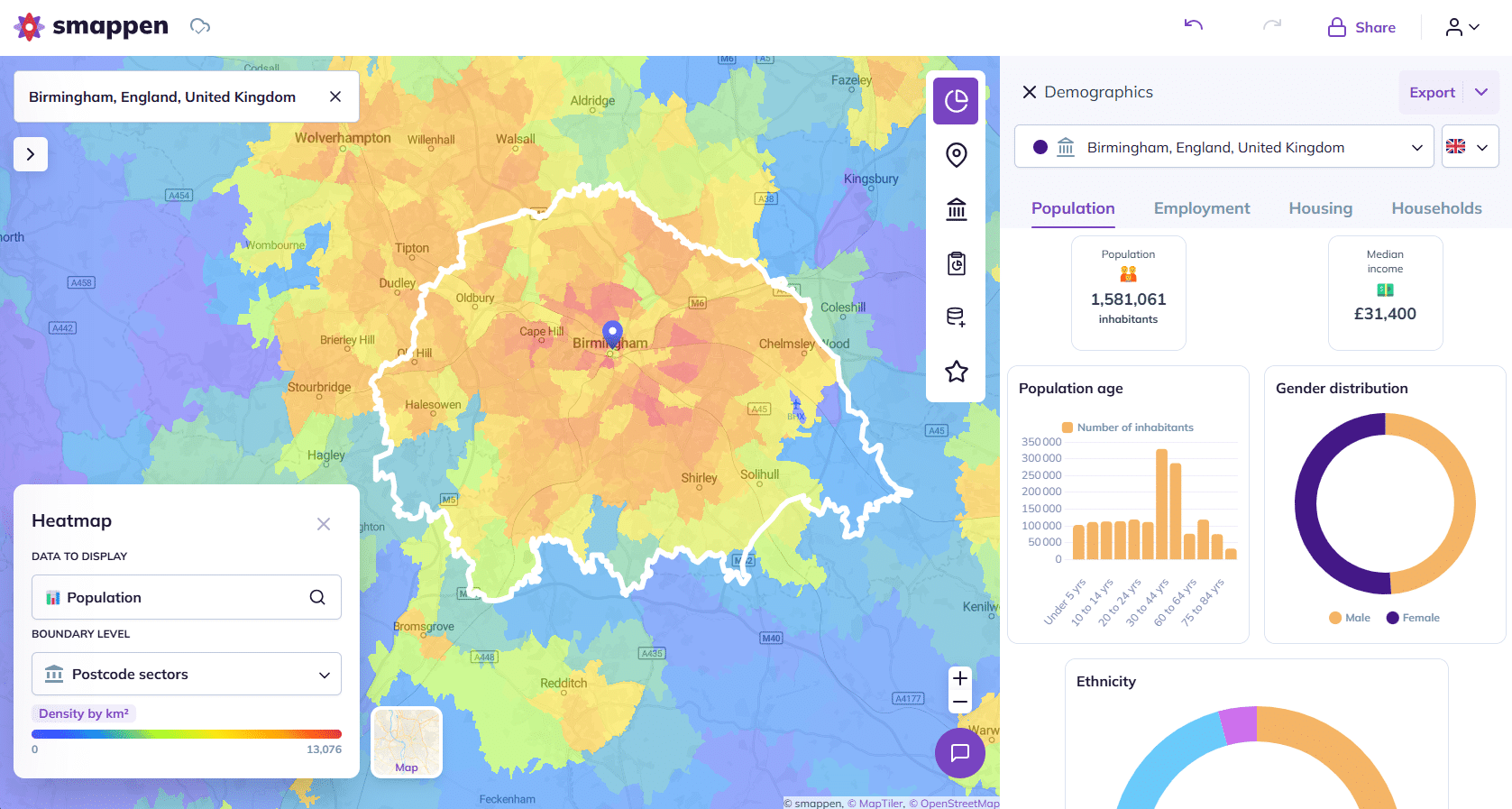 Heatmap and population data on Smappen - Franchise territory mapping
