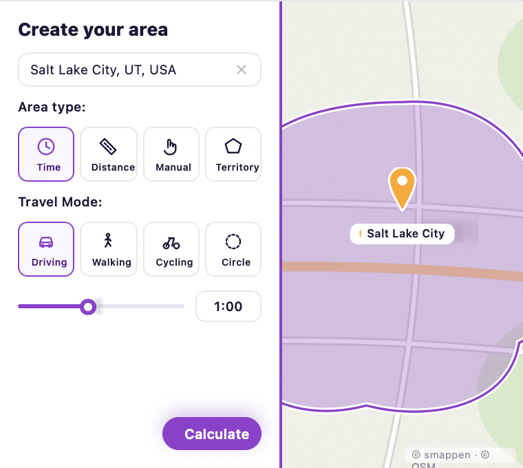 Smappen travel-time (isochrone) map tool